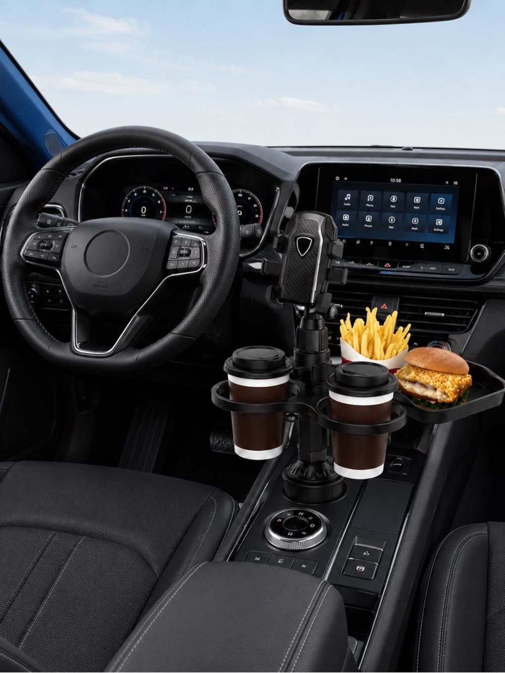 Universal Black Car Steering Cup Holder & Phone Mount - Multifunction Car Tray